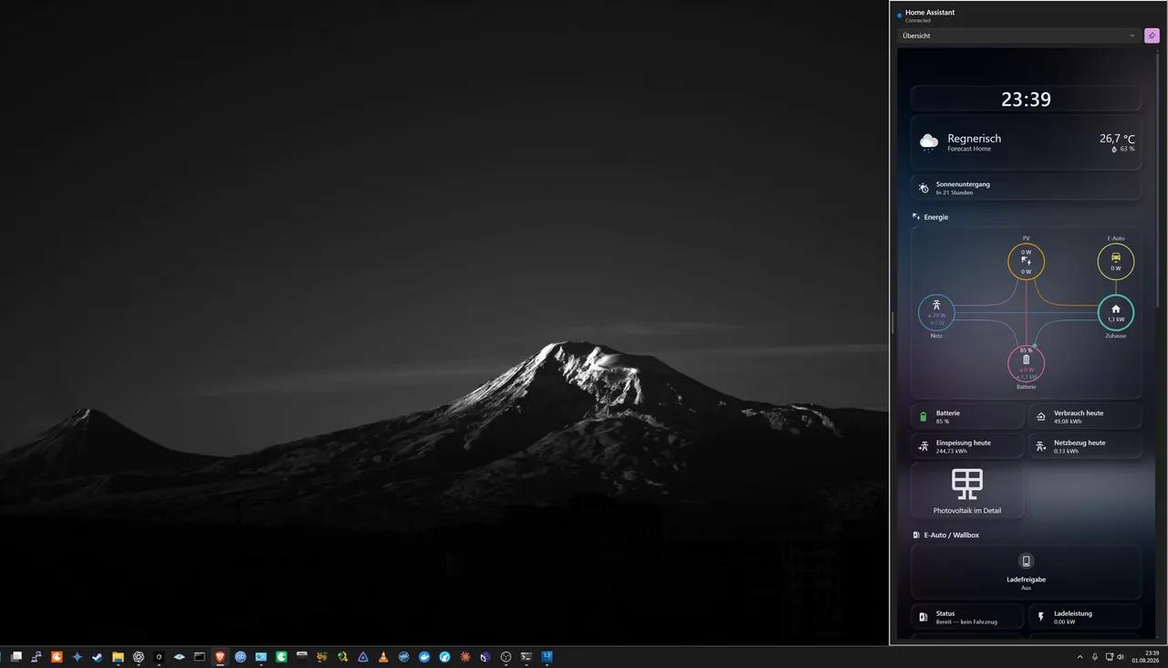 The HA Companion quick panel slid in over a Windows 11 desktop, showing live Home Assistant tiles.