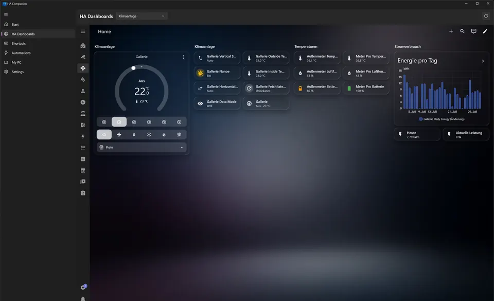 A Lovelace climate dashboard rendered inside the app.