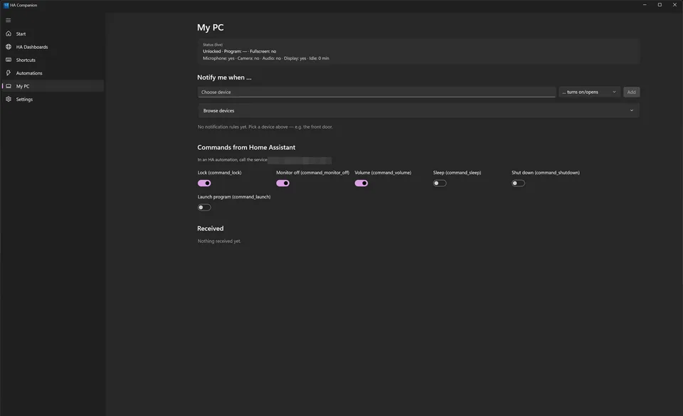 The My PC tab with sensor states and command permissions.