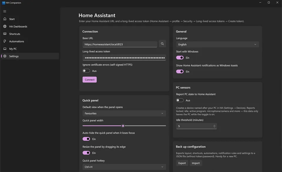 The Settings page with connection, quick panel, language and backup cards.