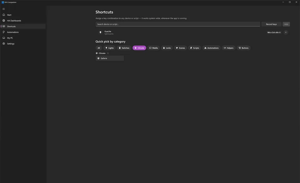 The Shortcuts tab, where key combinations are bound to entities.